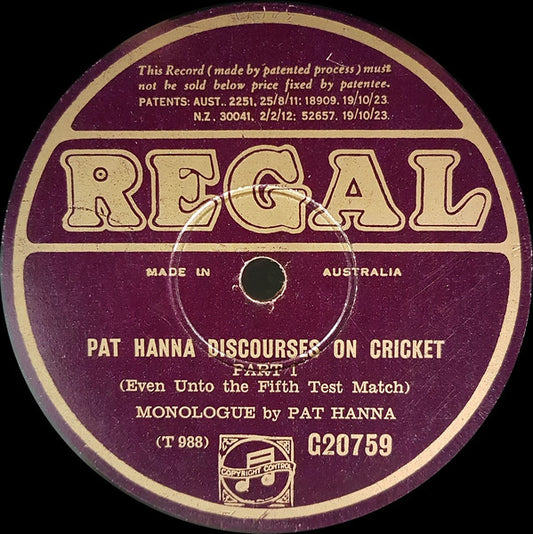 Pat Hanna : Pat Hanna Discourses On Cricket (Shellac, 10")