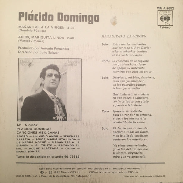 Placido Domingo : Mañanitas a la Virgen / Adios Mariquita Linda (7")