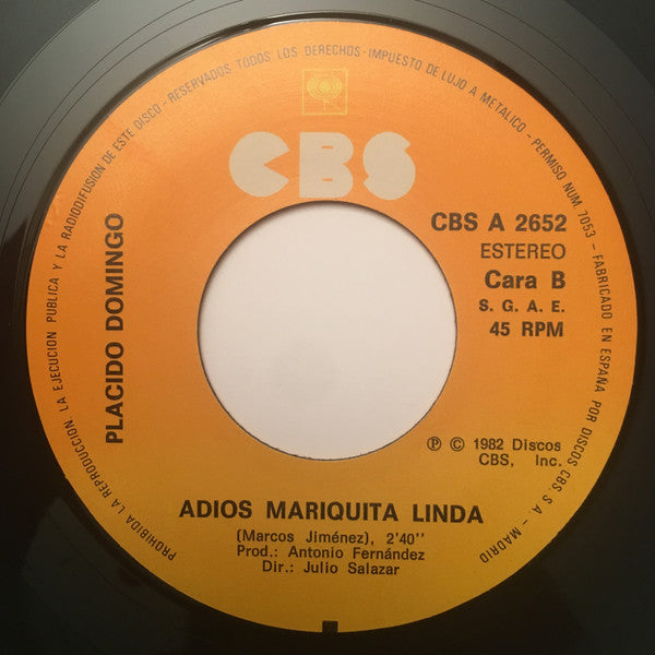 Placido Domingo : Mañanitas a la Virgen / Adios Mariquita Linda (7")