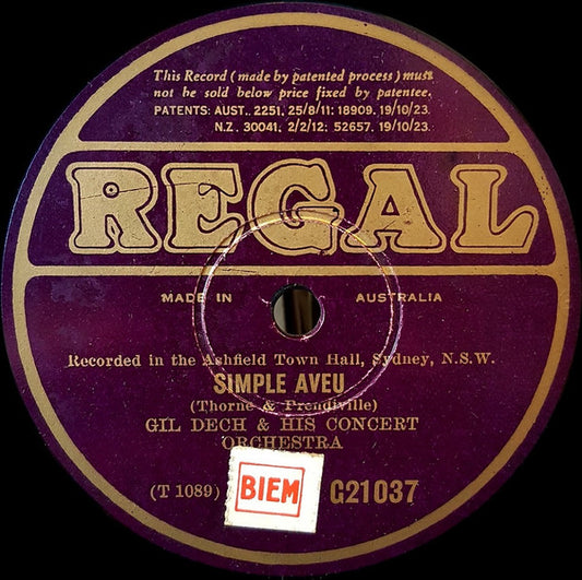 Gil Dech & His Concert Orchestra : Simple Aveu / Melodie D'amour (Shellac, 10")