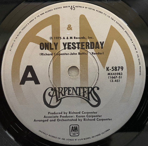 Carpenters : Only Yesterday (7", Single)