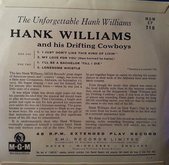 Hank Williams : The Unforgettable Hank Williams (7", EP, Mono)