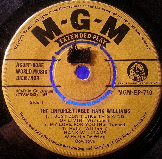Hank Williams : The Unforgettable Hank Williams (7", EP, Mono)