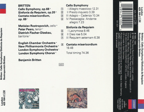 Benjamin Britten : Cello Symphony / Sinfonia Da Requiem (CD, Comp, RM, RP, PMD)
