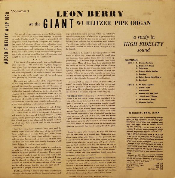 Leon Berry : Giant Wurlitzer Pipe Organ Volume 1 (LP, Album)