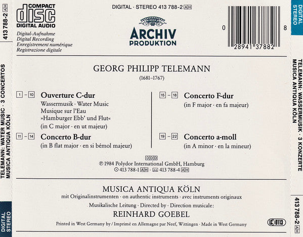 Georg Philipp Telemann - Musica Antiqua Köln • Reinhard Goebel :  Wassermusik = Water Music = Musique Sur L'Eau / 3 Konzerte = Concertos (CD, Album)