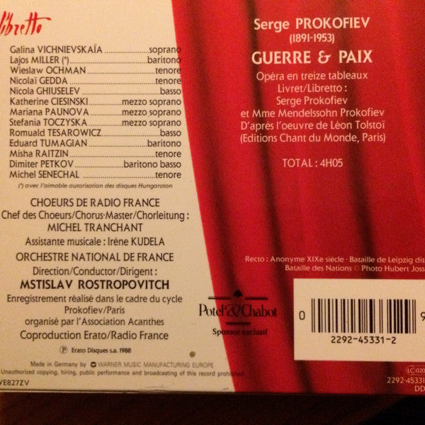 Prokofiev* - Vichnievskaïa* · Miller* · Ochman* · Gedda* · Ghiuselev* · Chœur de Radio France · Orchestre National De France · Mstislav Rostropovich : Guerre & Paix = War And Peace (4xCD, Album, RE + Box, Sli)