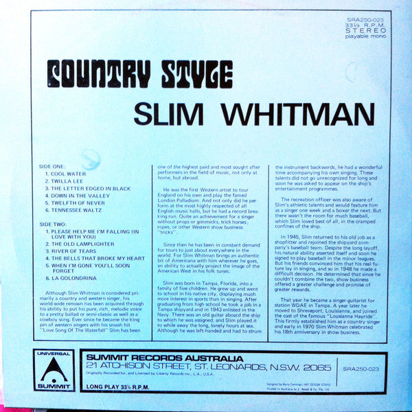 Slim Whitman : Country Style (LP, Album)