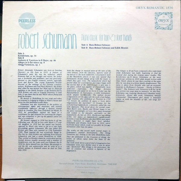 Robert Schumann : Piano Music for two Et four hands (LP)