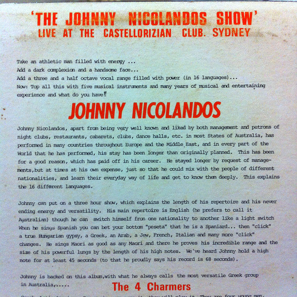 Johnny Nicolandos With  The 4 Charmers : Nicolandos Spectacular - The Johnny Nicolandos Show Live At The Castellorizian Club (LP, Album)