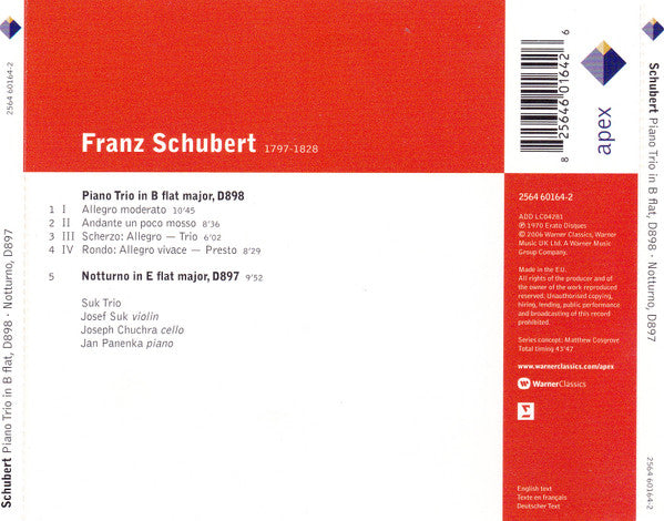 Suk Trio, Franz Schubert : Piano Trio In B Flat, D898 / Notturno, D897 (CD, RM)