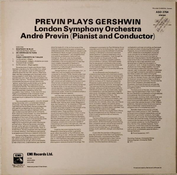 André Previn - London Symphony Orchestra : Previn Plays Gershwin (LP, Album, RP)