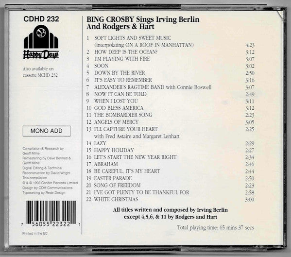 Bing Crosby : Sings Irving Berlin And Rodgers & Hart  (CD, Comp, Mono)