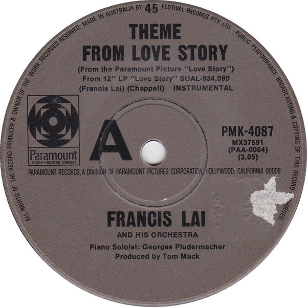 Francis Lai : Theme From Love Story (7", Single)