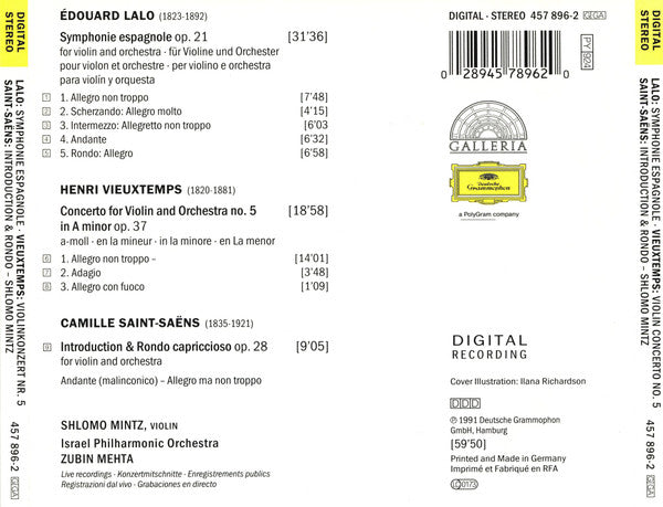 Lalo* / Vieuxtemps* / Saint-Saëns* - Shlomo Mintz · Israel Philharmonic Orchestra · Zubin Mehta : Symphonie Espagnole / Violin Concerto No. 5 / Introduction & Rondo Capriccioso (CD, Album, RE)