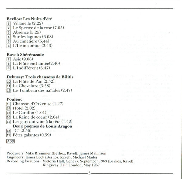 Régine Crespin – Hector Berlioz / Maurice Ravel / Claude Debussy / Francis Poulenc : Les Nuits D'Été / Shéhérazade / Etc. (CD, Comp, RM)