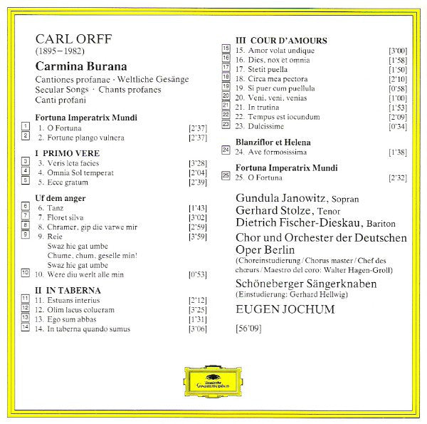 Carl Orff - Gundula Janowitz · Gerhard Stolze · Dietrich Fischer-Dieskau · Chor* Und Orchester Der Deutschen Oper Berlin, Eugen Jochum : Carmina Burana (CD, Album, RE, RM)