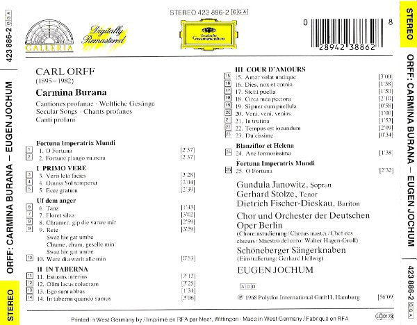 Carl Orff - Gundula Janowitz · Gerhard Stolze · Dietrich Fischer-Dieskau · Chor* Und Orchester Der Deutschen Oper Berlin, Eugen Jochum : Carmina Burana (CD, Album, RE, RM)