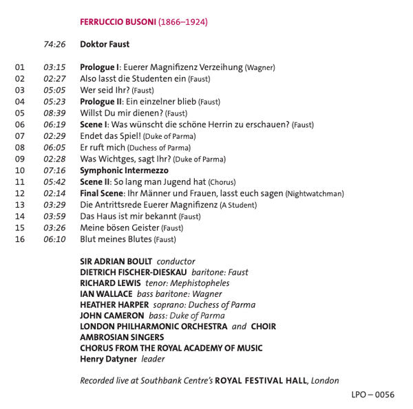 Busoni*, Sir Adrian Boult, Dietrich Fischer-Dieskau, Richard Lewis (3), Ian Wallace (3), Heather Harper, John Cameron, London Philharmonic Orchestra And Choir* : Doktor Faust (CD, Mono)