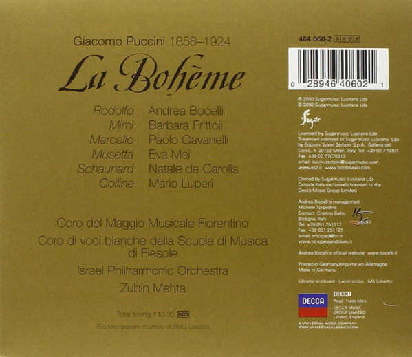 Giacomo Puccini, Bocelli*, Frittoli*, Israel Philharmonic Orchestra, Mehta* : La Bohème (2xCD, Album)