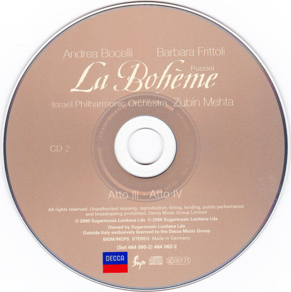 Giacomo Puccini, Bocelli*, Frittoli*, Israel Philharmonic Orchestra, Mehta* : La Bohème (2xCD, Album)