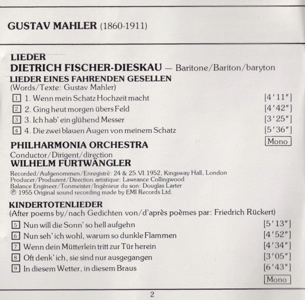 Gustav Mahler, Dietrich Fischer-Dieskau : Mahler: Lieder Eines Fahrenden Gesellen; Kindertotenlieder; Rückertlieder (CD, Comp, Mono, RE, RM)