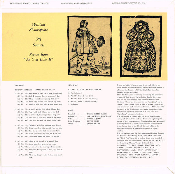Shakespeare* : Dame Edith Evans* : Twenty Sonnets: Scenes From "As You Like It" (LP, Album, Mono, Club, Gat)