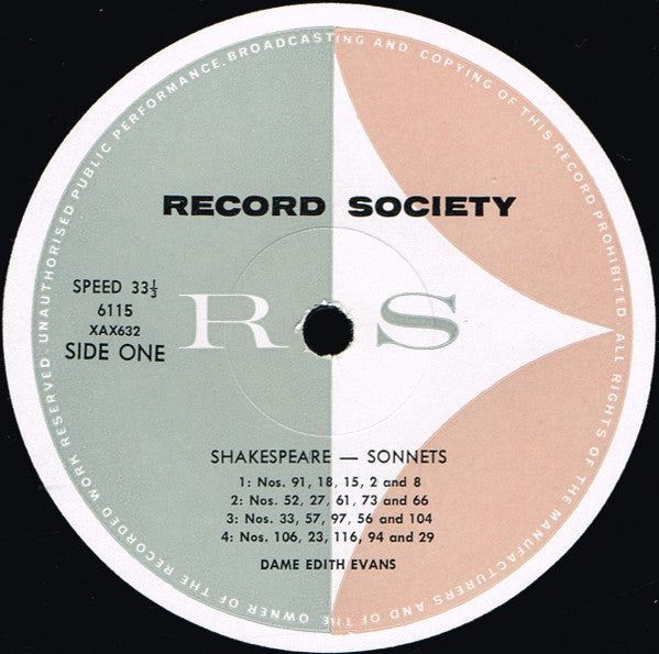 Shakespeare* : Dame Edith Evans* : Twenty Sonnets: Scenes From "As You Like It" (LP, Album, Mono, Club, Gat)