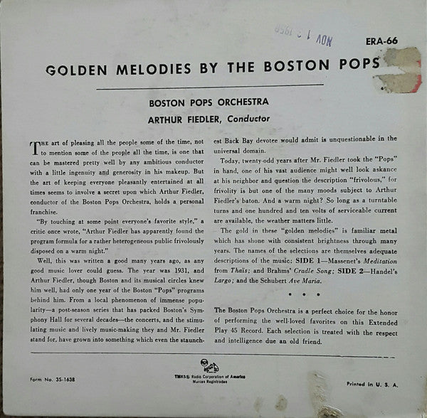 Boston Pops Orchestra, Arthur Fiedler : Golden Melodies (7", EP, Mono, RP)