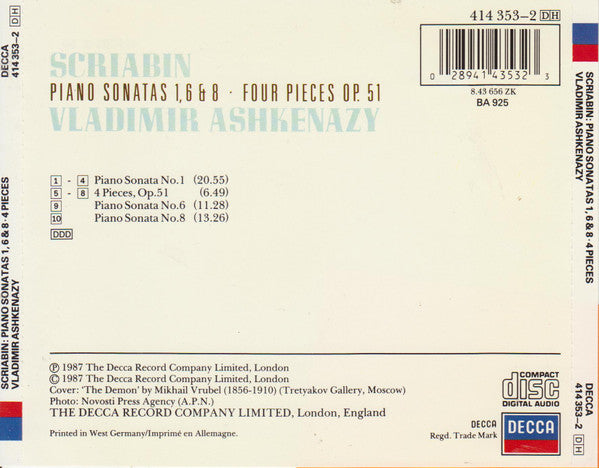 Scriabin*  /  Vladimir Ashkenazy : Piano Sonatas 1, 6 & 8 • 4 Pieces (CD, Album)