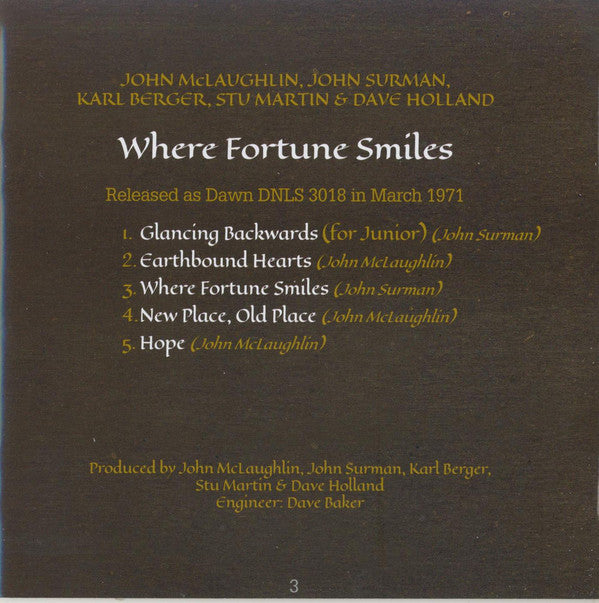 John McLaughlin, John Surman, Karl Berger, Stu Martin, Dave Holland : Where Fortune Smiles (CD, Album, RE, RM)