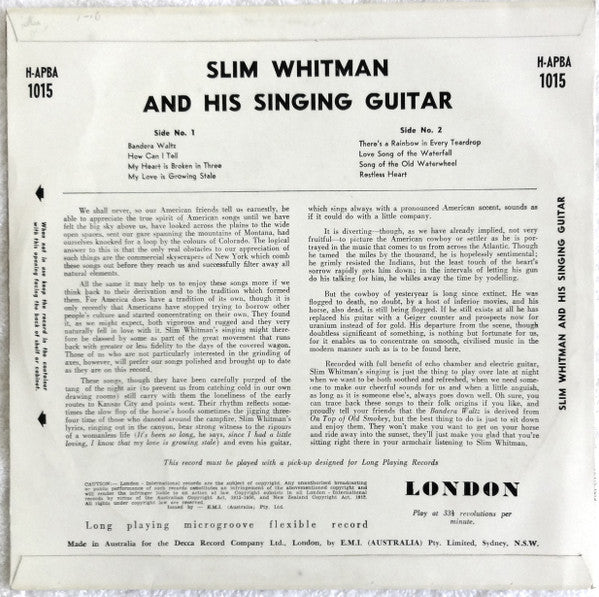 Slim Whitman : Slim Whitman And His Singing Guitar (10", Album)