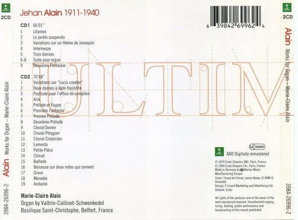 Jehan Alain, Marie-Claire Alain : Litanies - Trois Danses - Suite Pour Orgue - Choral - Deuxième Fantaisie - Variations Sur "Lucis Creator" (2xCD, Comp, RM)