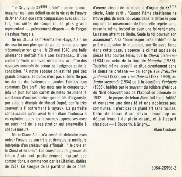 Jehan Alain, Marie-Claire Alain : Litanies - Trois Danses - Suite Pour Orgue - Choral - Deuxième Fantaisie - Variations Sur "Lucis Creator" (2xCD, Comp, RM)