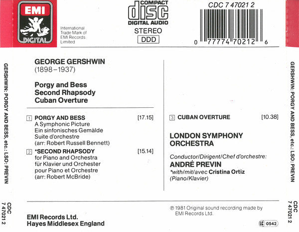 André Previn Conducts George Gershwin, London Symphony Orchestra : Porgy And Bess / Second Rhapsody / Cuban Overture (CD, Album, RE)