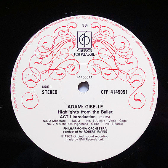 Adam*, Philharmonia Orchestra, Robert Irving (2) : Giselle - Highlights From The Ballet (LP, Album, RE, RM)