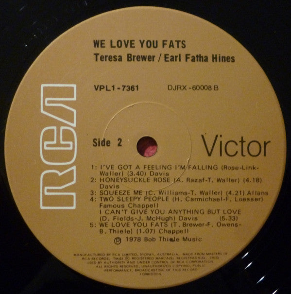 Teresa Brewer, Earl Hines : We Love You Fats (LP, Album, RE)