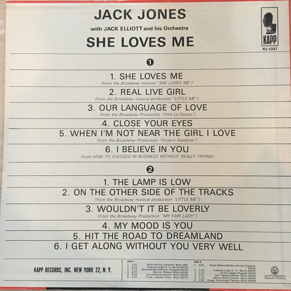 Jack Jones With Jack Elliott And His Orchestra : She Loves Me (LP, Mono)