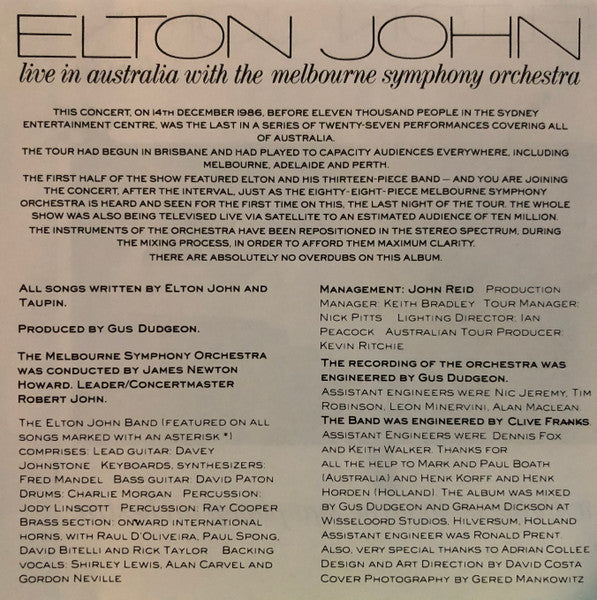 Elton John : Live In Australia (With The Melbourne Symphony Orchestra) (CD, Album)