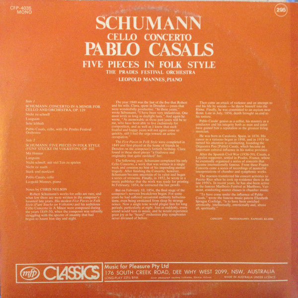 Robert Schumann, Pablo Casals : Cello Concerto / Five Pieces in Folk Style (LP, Mono)