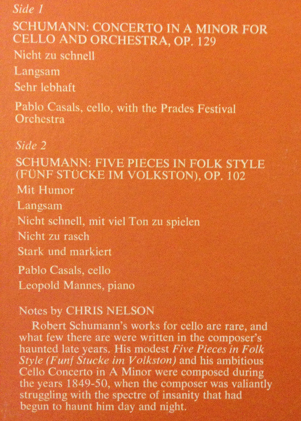Robert Schumann, Pablo Casals : Cello Concerto / Five Pieces in Folk Style (LP, Mono)