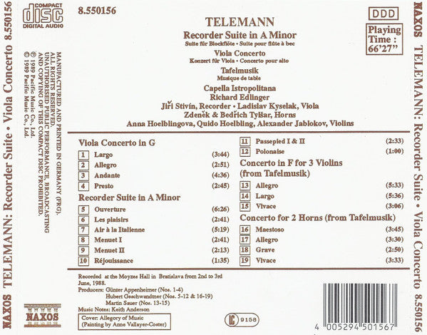 Telemann*, Capella Istropolitana, Richard Edlinger : Recorder Suite In A Minor • Viola Concerto • Tafelmusik (CD)