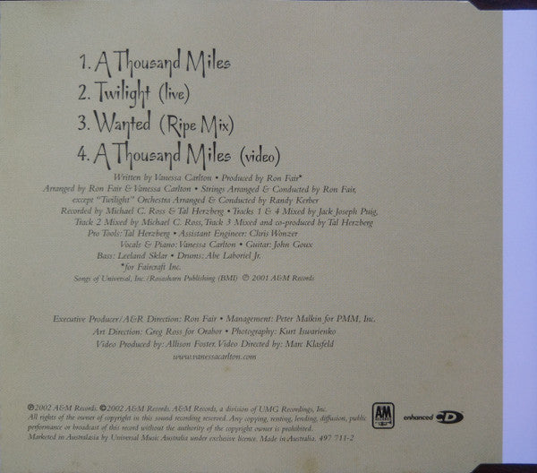 Vanessa Carlton : A Thousand Miles (CD, Single, Enh)