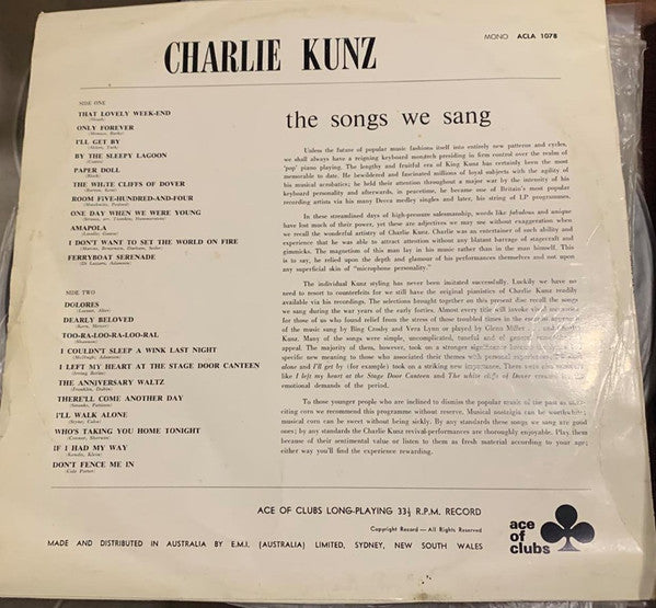 Charlie Kunz : The Songs We Sang (LP, Mono)