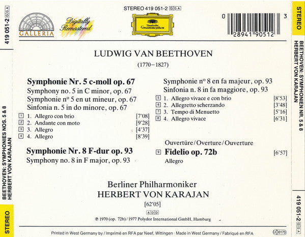 Ludwig van Beethoven, Herbert von Karajan, Berliner Philharmoniker : Symphonien Nr. 5 & 8 / Ouvertüre "Fidelio" (CD, Comp, RE, RM)