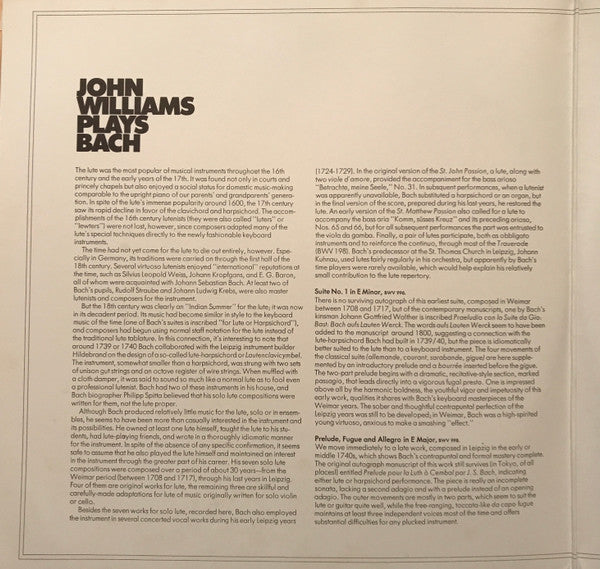 John Williams (7) Plays Bach* : The Complete Lute Music On Guitar (2xLP)