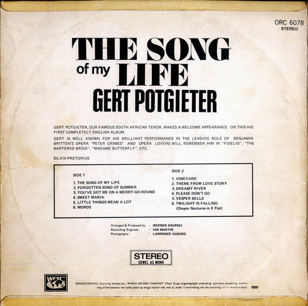 Gert Potgieter : The Song Of My Life (LP, Album)