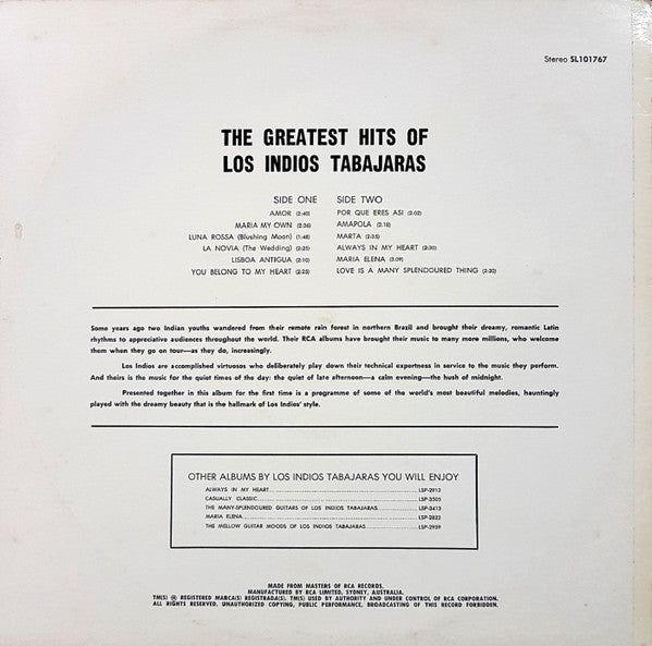 Los Indios Tabajaras : The Greatest Hits Of Los Indios Tabajaras (LP, Comp)