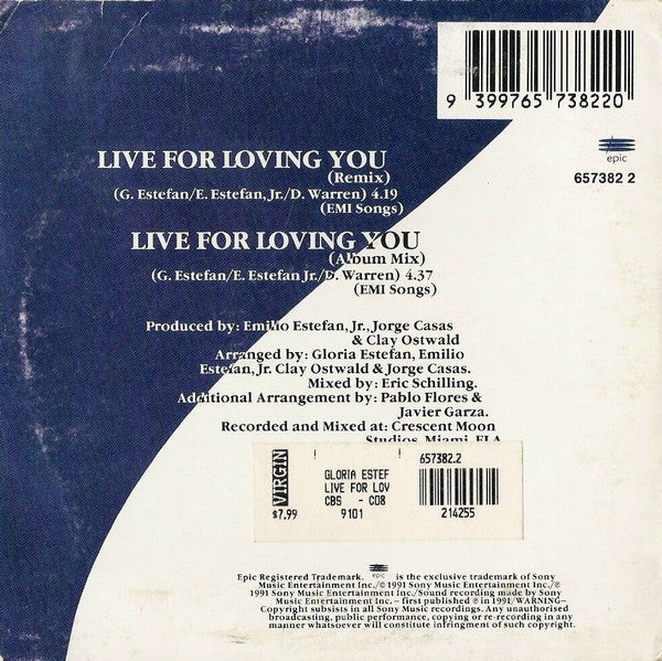 Gloria Estefan : Live For Loving You (CD, Single, Car)
