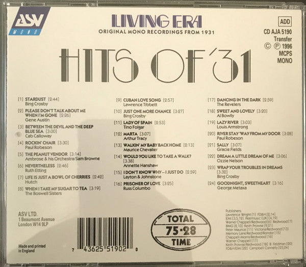 Various : Hits Of '31 (CD, Comp, Mono)